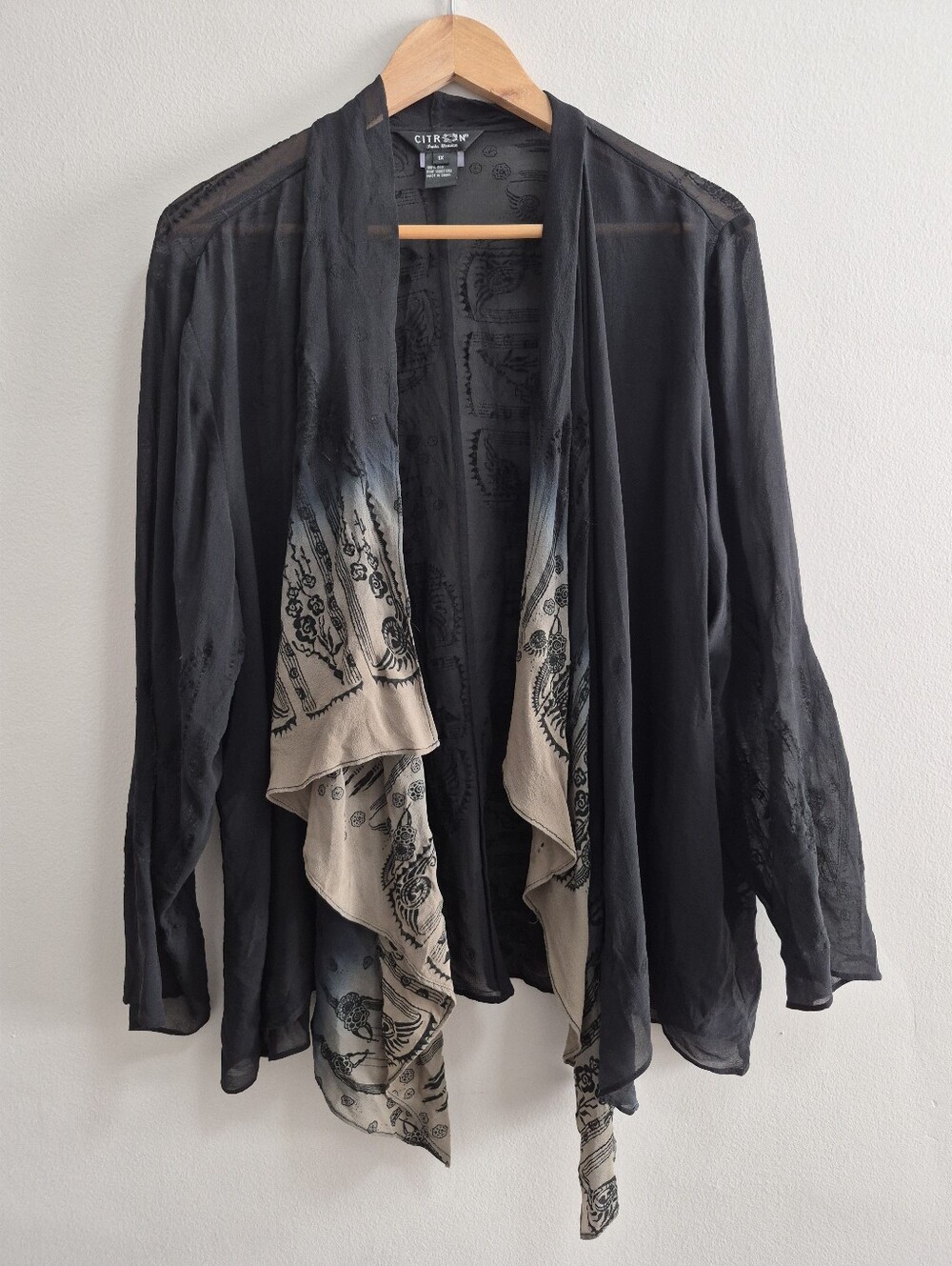 Citron 100% Silk Embossed Textured Open Cardigan Top Topper Size 1X READ